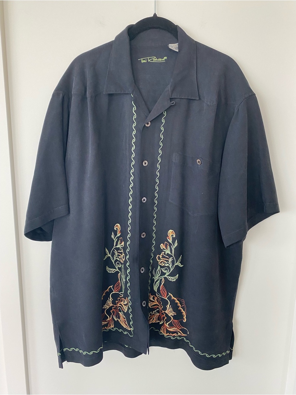 Vintage Tori Richard Black Silk Button-Down Shirt with Floral Embroidery